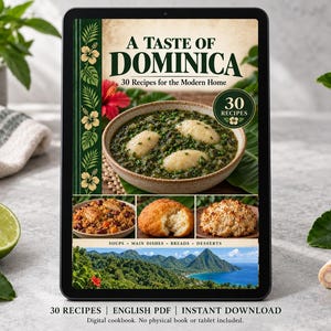 Digital cookbook mockup displaying the actual A Taste of Dominica cover. English PDF download only; no tablet or physical book included.