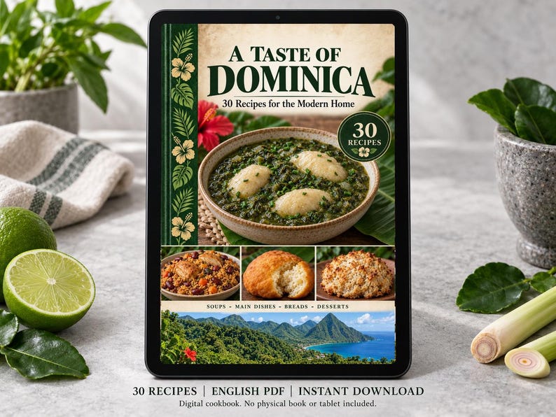 Digital cookbook mockup displaying the actual A Taste of Dominica cover. English PDF download only; no tablet or physical book included.