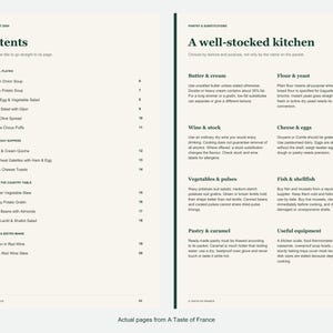 Actual contents and kitchen-notes pages from A Taste of France.