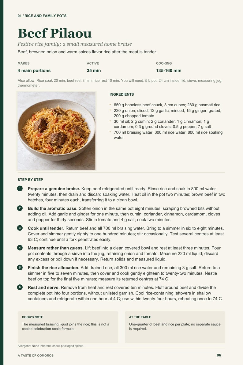 Actual PDF page 6 from A Taste of Comoros: Beef Pilaou recipe page.