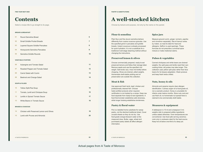 Actual contents and kitchen-notes pages from A Taste of Morocco.