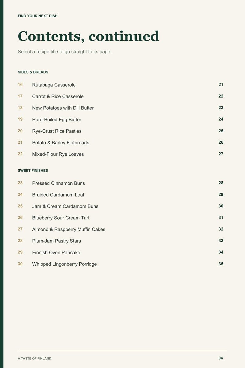 Actual PDF page 4 from A Taste of Finland: Contents, page 2.