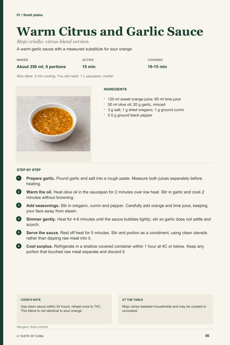 Actual PDF page 6 from A Taste of Cuba: Warm Citrus and Garlic Sauce recipe page.