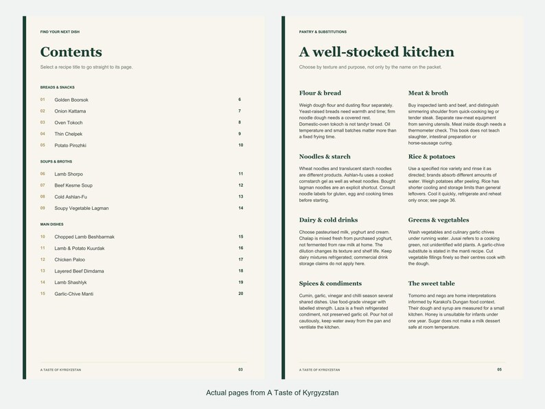 Actual contents and kitchen-notes pages from A Taste of Kyrgyzstan.