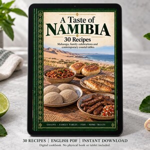 Digital cookbook mockup displaying the actual A Taste of Namibia cover. English PDF download only; no tablet or physical book included.