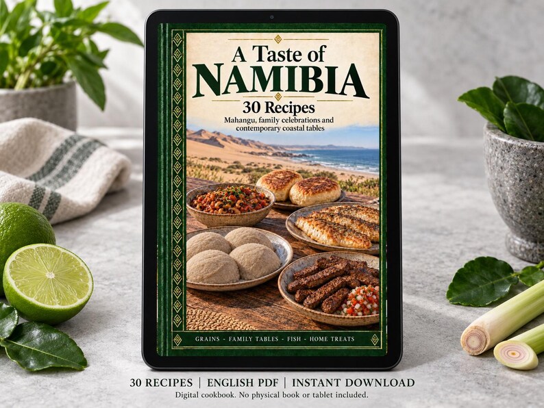 Digital cookbook mockup displaying the actual A Taste of Namibia cover. English PDF download only; no tablet or physical book included.
