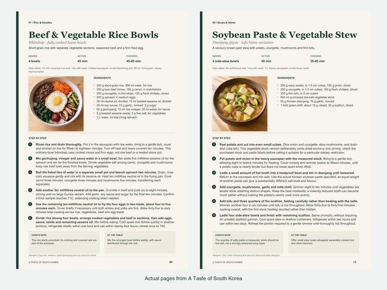 Two actual recipe pages from A Taste of South Korea.