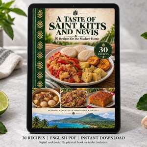 Digital cookbook mockup displaying the actual A Taste of Saint Kitts and Nevis cover. English PDF download only; no tablet or physical book included.