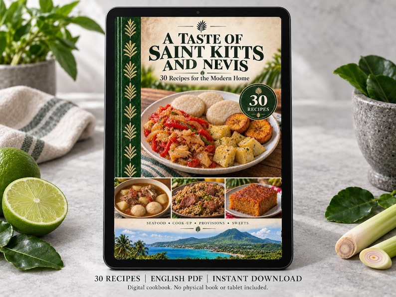Digital cookbook mockup displaying the actual A Taste of Saint Kitts and Nevis cover. English PDF download only; no tablet or physical book included.