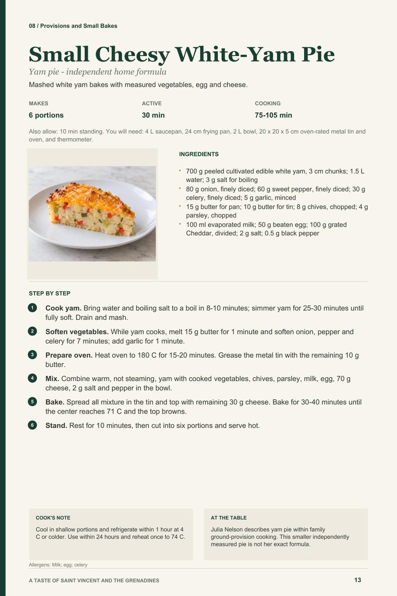 Actual PDF page 13 from A Taste of Saint Vincent and the Grenadines: Small Cheesy White-Yam Pie recipe page.