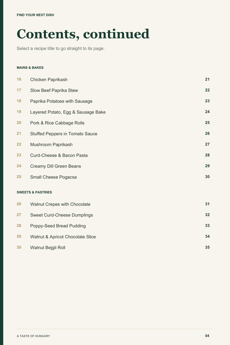 Actual PDF page 4 from A Taste of Hungary: Contents, page 2.