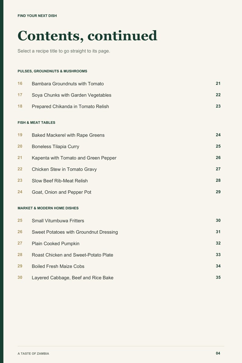 Actual PDF page 4 from A Taste of Zambia: Contents, page 2.