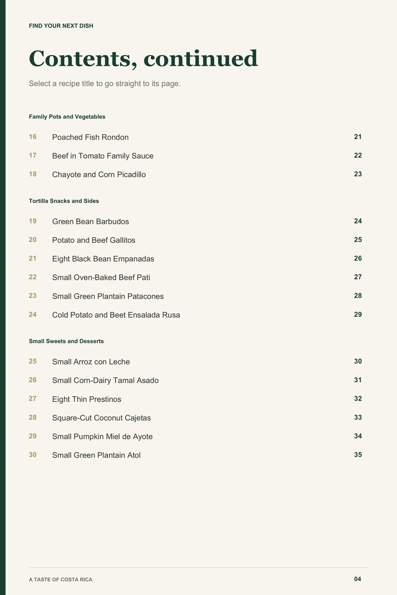 Actual PDF page 4 from A Taste of Costa Rica: Contents, page 2.