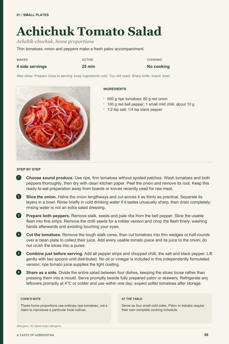 Actual PDF page 6 from A Taste of Uzbekistan: Achichuk Tomato Salad recipe page.