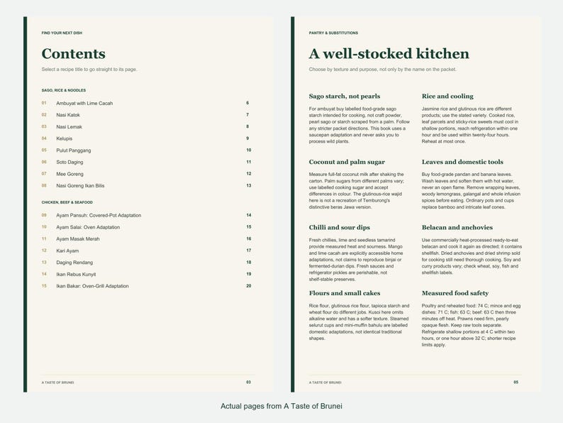Actual contents and kitchen-notes pages from A Taste of Brunei.