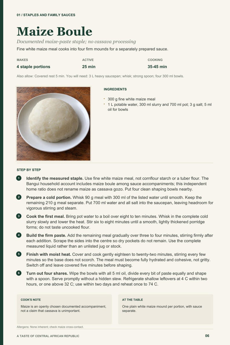 Actual PDF page 6 from A Taste of Central African Republic: Maize Boule recipe page.