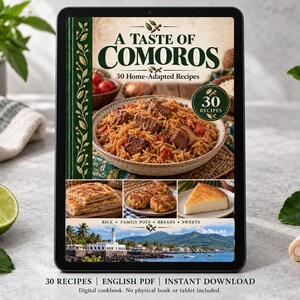 May include: A digital cookbook titled A Taste of Comoros featuring 30 home-adapted recipes. The cover displays a bowl of rice with meat, three smaller food images, and a coastal landscape. Text includes Rice, Family Pots, Breads, Sweets.
