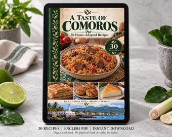 May include: A digital cookbook titled A Taste of Comoros featuring 30 home-adapted recipes. The cover displays a bowl of rice with meat, three smaller food images, and a coastal landscape. Text includes Rice, Family Pots, Breads, Sweets.