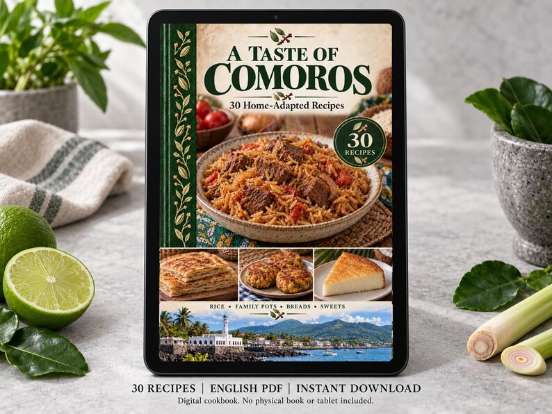 Digital cookbook mockup displaying the actual A Taste of Comoros cover. English PDF download only; no tablet or physical book included.