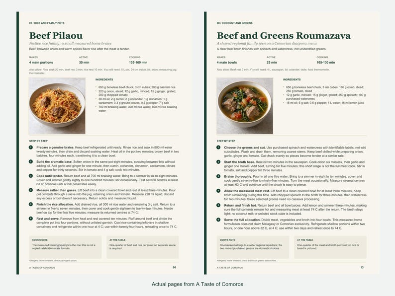 Two actual recipe pages from A Taste of Comoros.
