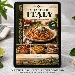 Digital cookbook mockup displaying the actual A Taste of Italy cover. English PDF download only; no tablet or physical book included.