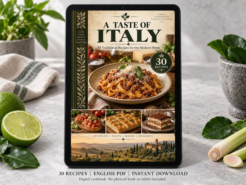 Digital cookbook mockup displaying the actual A Taste of Italy cover. English PDF download only; no tablet or physical book included.