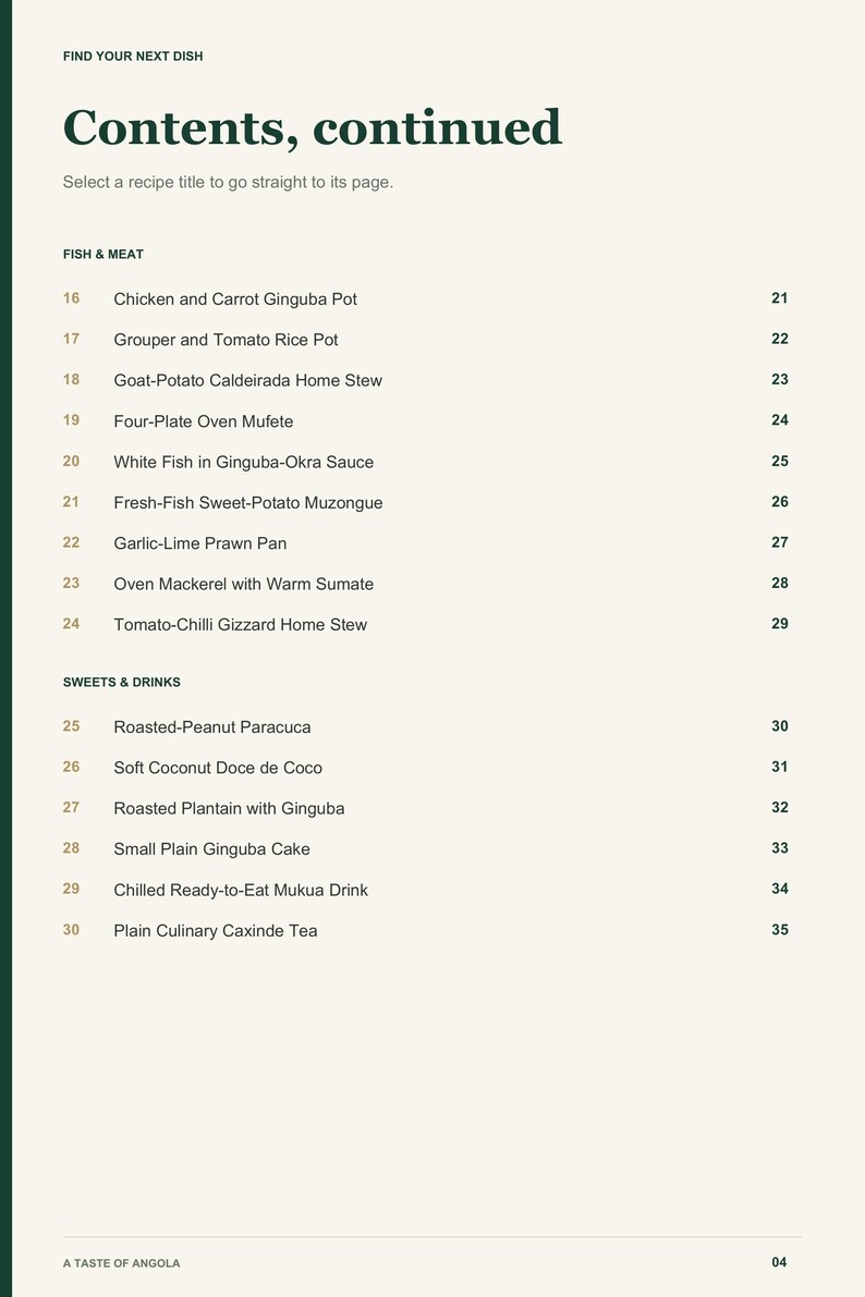Actual PDF page 4 from A Taste of Angola: Contents, page 2.