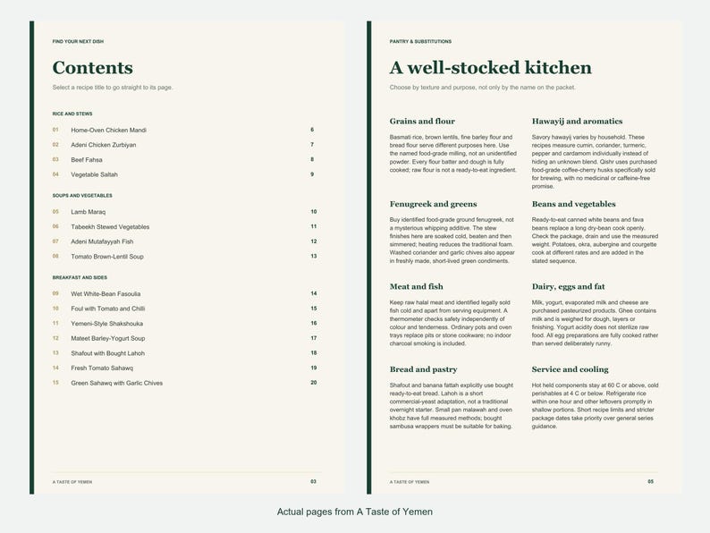 Actual contents and kitchen-notes pages from A Taste of Yemen.