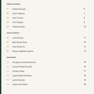 Actual PDF page 3 from A Taste of Kyrgyzstan: Contents, page 1.
