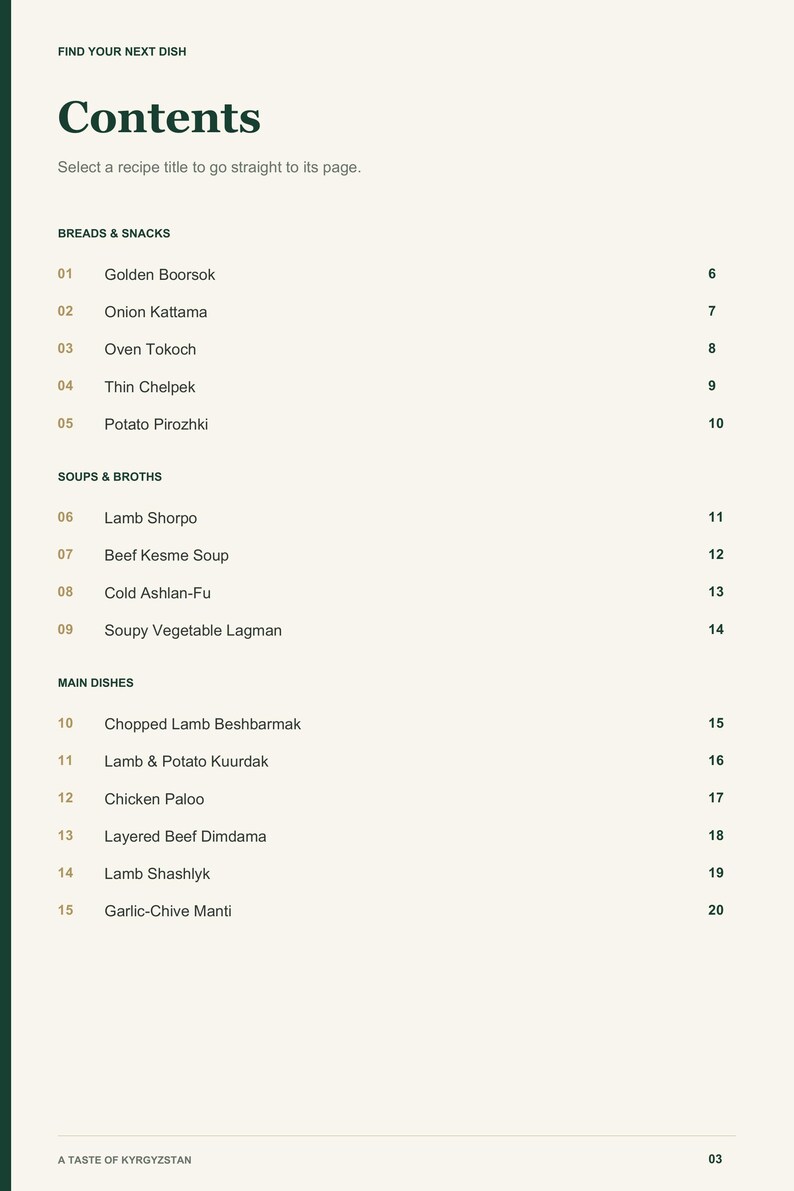 Actual PDF page 3 from A Taste of Kyrgyzstan: Contents, page 1.