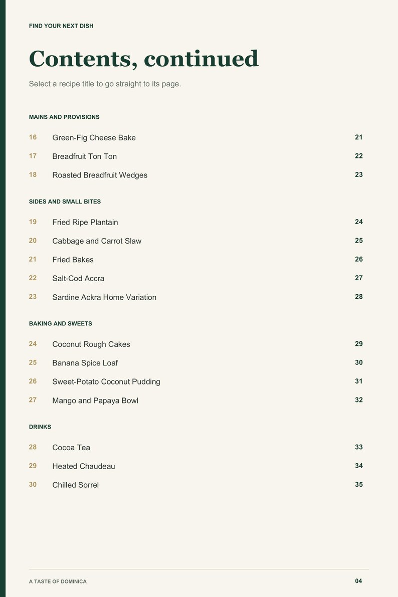 Actual PDF page 4 from A Taste of Dominica: Contents, page 2.
