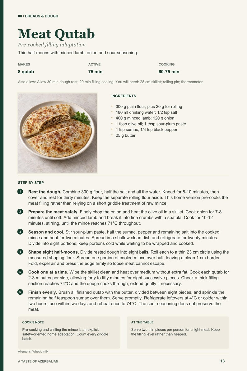 Actual PDF page 13 from A Taste of Azerbaijan: Meat Qutab recipe page.