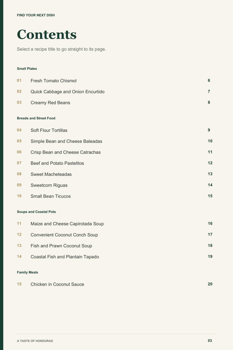 Actual PDF page 3 from A Taste of Honduras: Contents, page 1.