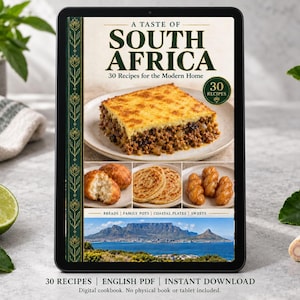 Digital cookbook mockup displaying the actual A Taste of South Africa cover. English PDF download only; no tablet or physical book included.
