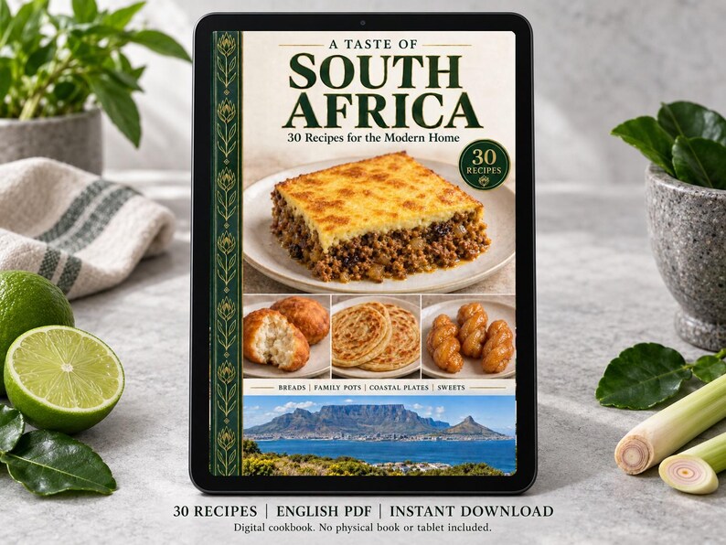 Digital cookbook mockup displaying the actual A Taste of South Africa cover. English PDF download only; no tablet or physical book included.
