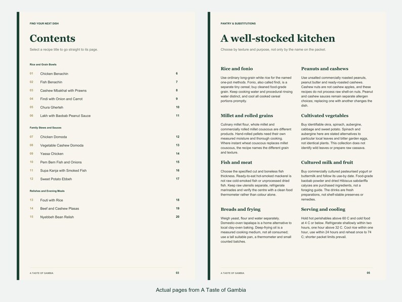 Actual contents and kitchen-notes pages from A Taste of Gambia.