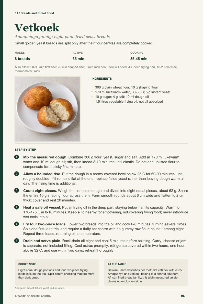 Actual PDF page 6 from A Taste of South Africa: Vetkoek recipe page.
