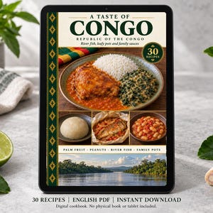 Digital cookbook mockup displaying the actual A Taste of Congo cover. English PDF download only; no tablet or physical book included.