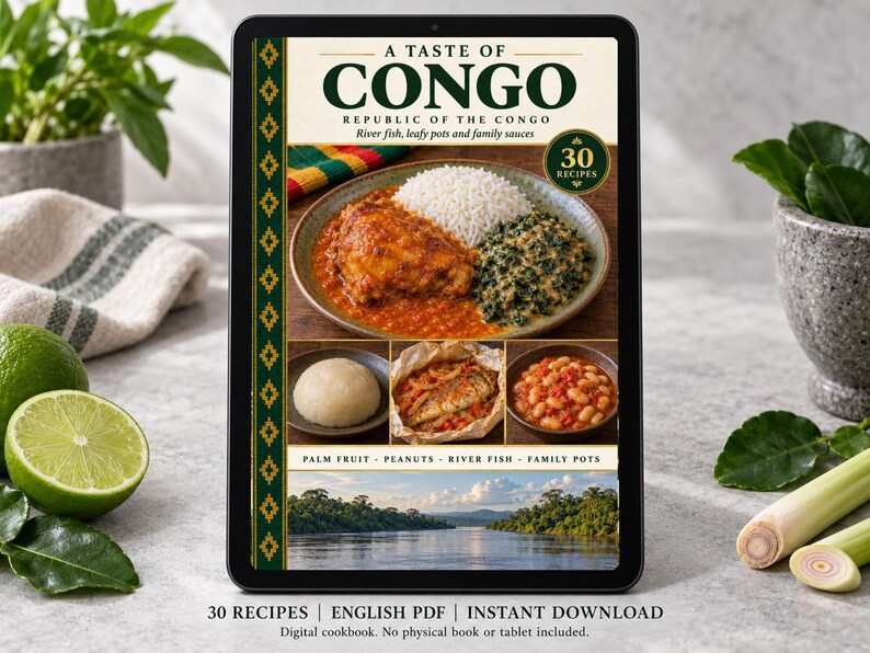 Digital cookbook mockup displaying the actual A Taste of Congo cover. English PDF download only; no tablet or physical book included.