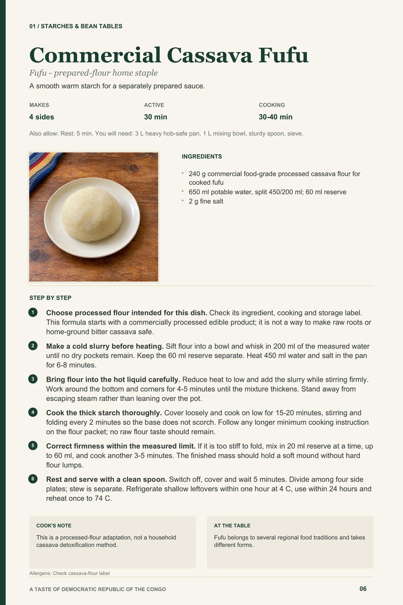 Actual PDF page 6 from A Taste of Democratic Republic of the Congo: Commercial Cassava Fufu recipe page.