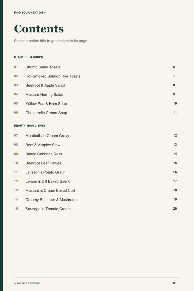 Actual PDF page 3 from A Taste of Sweden: Contents, page 1.