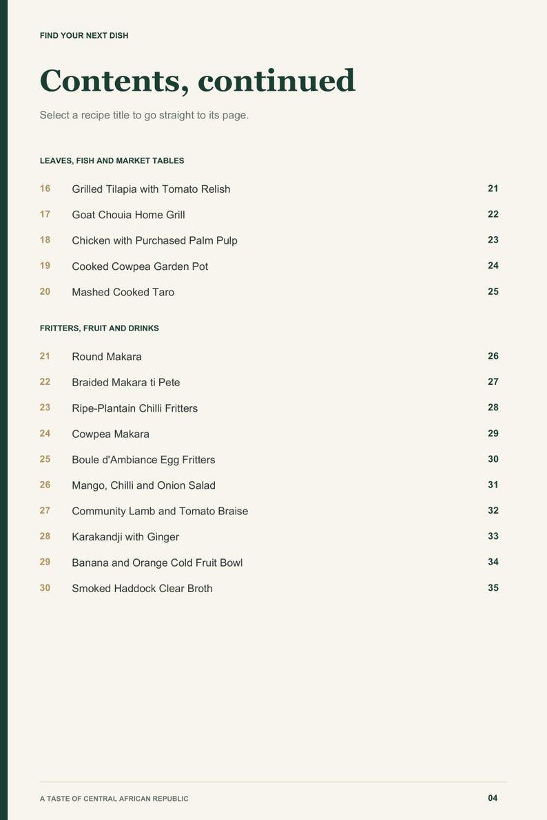 Actual PDF page 4 from A Taste of Central African Republic: Contents, page 2.