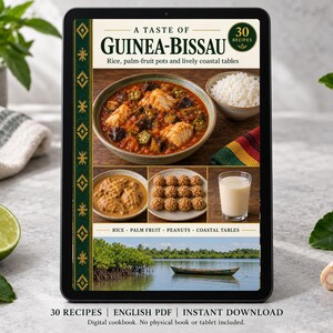 Digital cookbook mockup displaying the actual A Taste of Guinea-Bissau cover. English PDF download only; no tablet or physical book included.