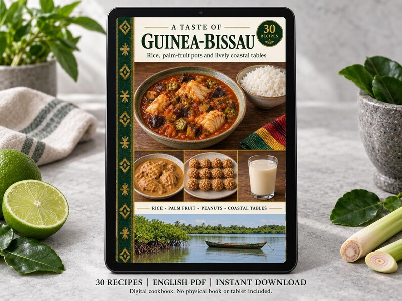 Digital cookbook mockup displaying the actual A Taste of Guinea-Bissau cover. English PDF download only; no tablet or physical book included.