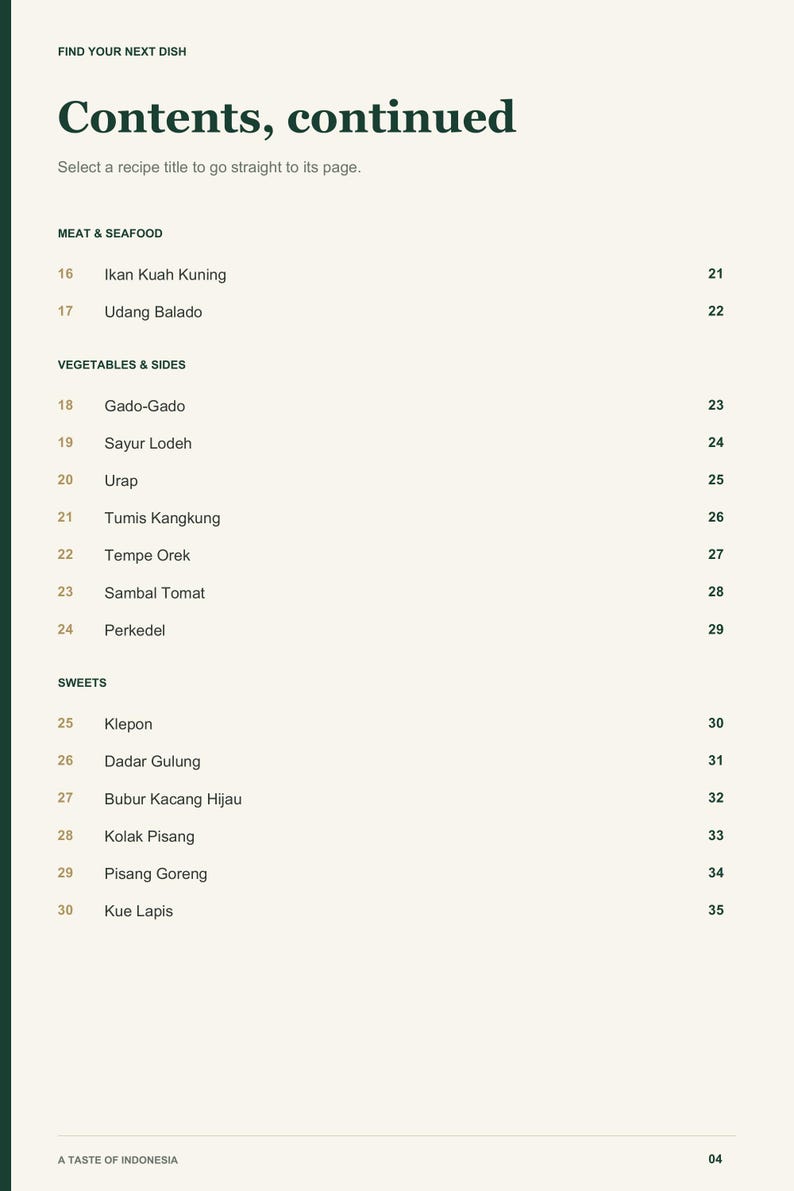 Actual PDF page 4 from A Taste of Indonesia: Contents, page 2.