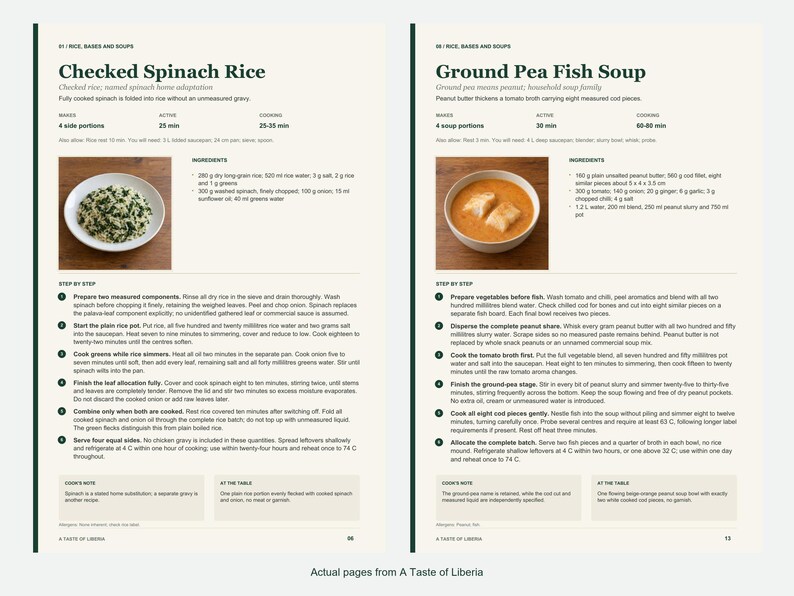 Two actual recipe pages from A Taste of Liberia.