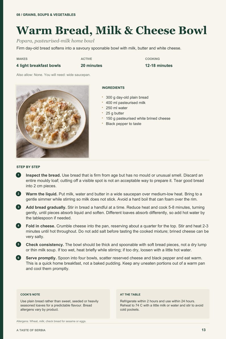 Actual PDF page 13 from A Taste of Serbia: Warm Bread, Milk & Cheese Bowl recipe page.