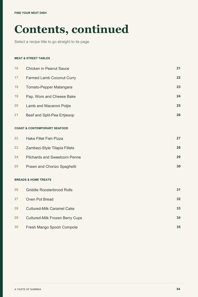 Actual PDF page 4 from A Taste of Namibia: Contents, page 2.