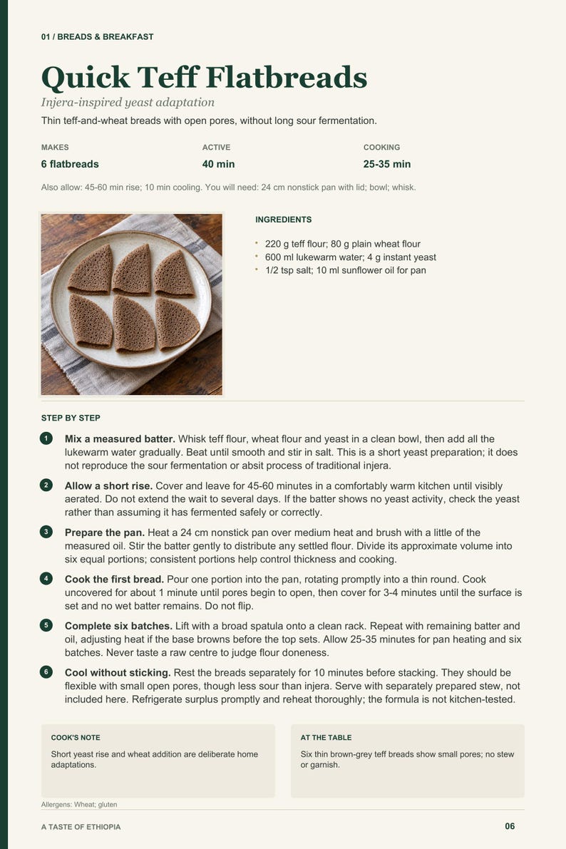 Actual PDF page 6 from A Taste of Ethiopia: Quick Teff Flatbreads recipe page.