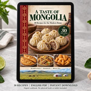Digital cookbook mockup displaying the actual A Taste of Mongolia cover. English PDF download only; no tablet or physical book included.